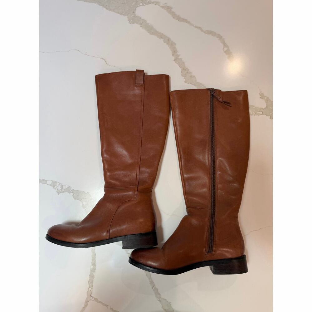 Cole Haan Knee High Flat Riding Boots 6.5 Chestnut Brown Leather Zip